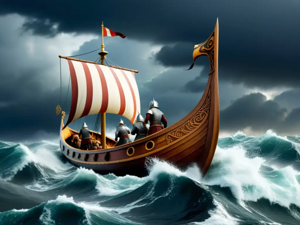 Guía completa expediciones vikingas: Vikingos en un largo viaje marítimo enfrentando una tormenta