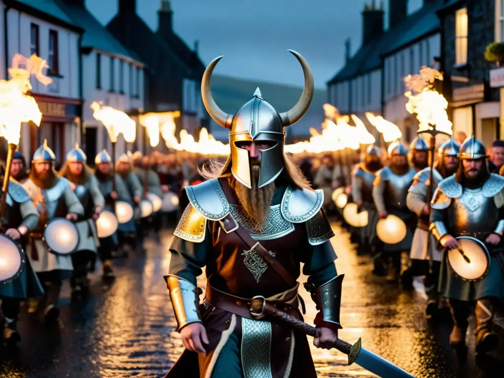 Un Guizer Jarl con atuendo vikingo lidera una procesión en el Festival Up Helly Aa Vikingo, iluminado por antorchas en las calles de Lerwick