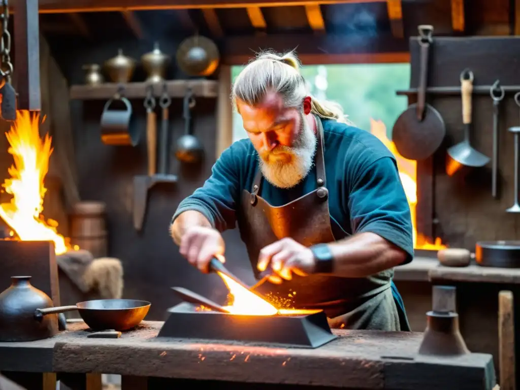 Un hábil herrero forja un amuleto vikingo con símbolos nórdicos en un taller tradicional, rodeado de herramientas y metal al rojo vivo