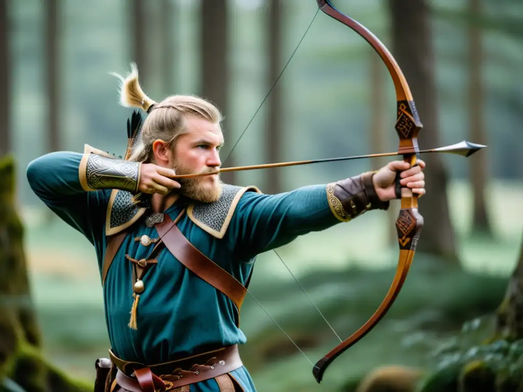 Un hábil arquero vikingo, concentrado en su objetivo, listo para disparar un arco vikingo preciso en un bosque sereno