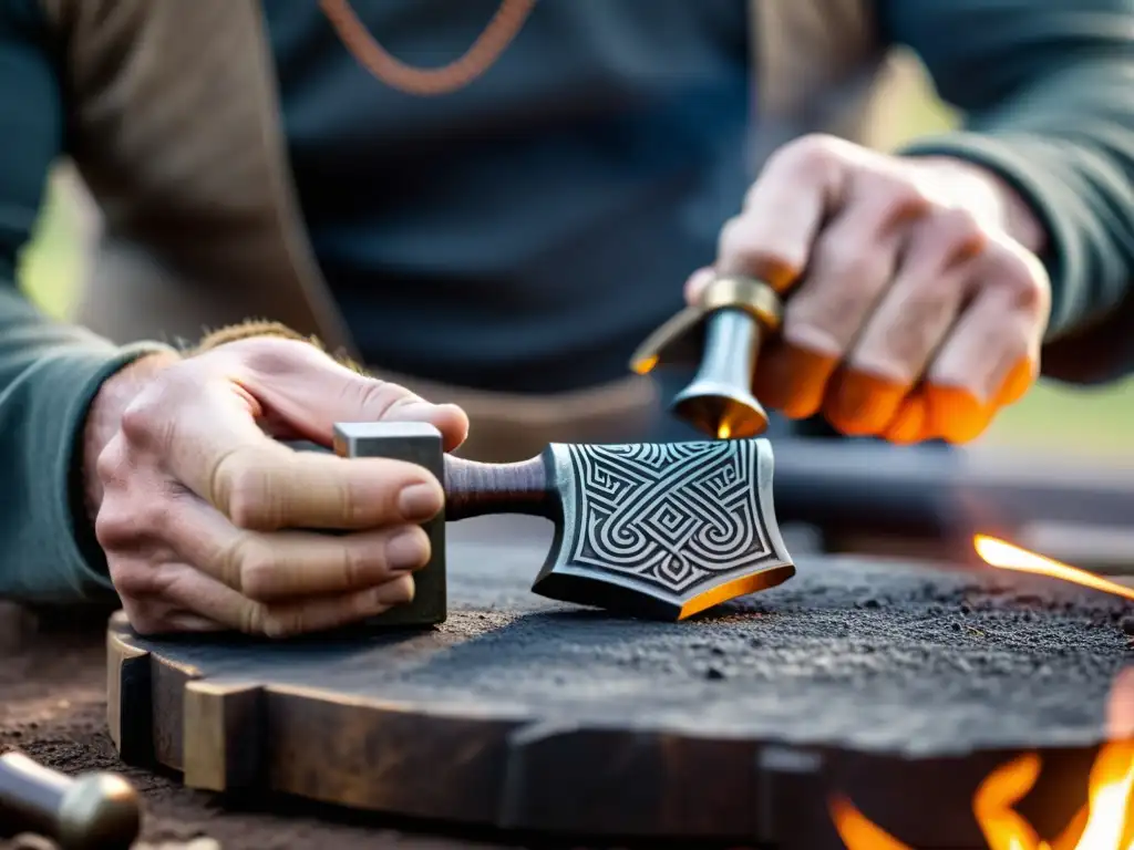 Un hábil artesano forja un colgante martillo Thor era vikinga con técnicas tradicionales, rodeado de herramientas en su taller