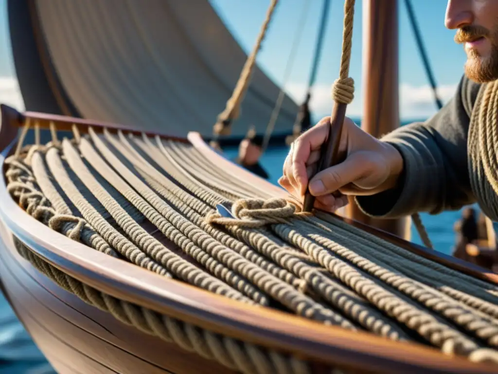 Un hábil artesano inspecciona y mantiene las cuerdas y velas de un modelo de barco vikingo, resaltando técnicas de mantenimiento de barcos vikingos