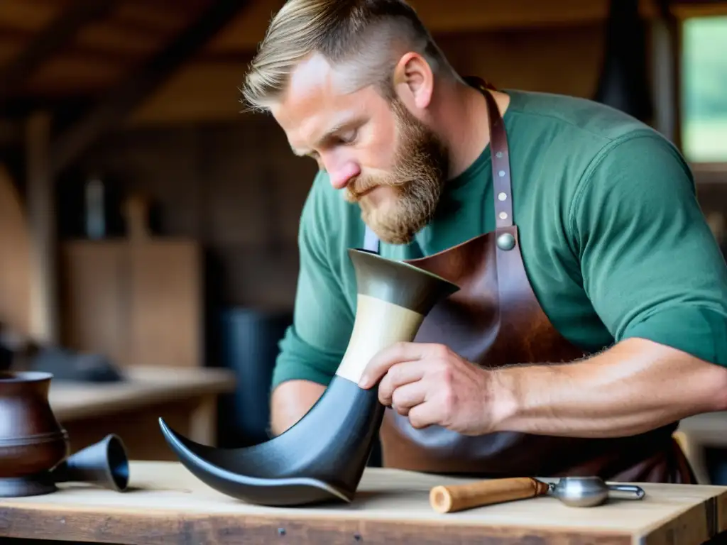 Un hábil artesano crea un cuerno vikingo rodeado de autenticidad cultural en un taller rústico