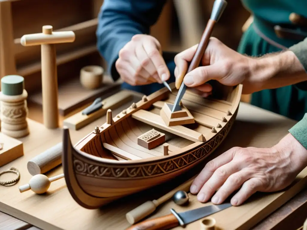 Un hábil artesano talla detalles en un modelo de barco vikingo, rodeado de herramientas de carpintería