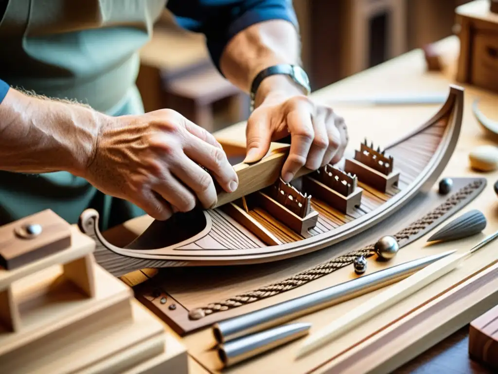 Un hábil artesano talla minuciosamente detalles en un modelo de barco vikingo, rodeado de herramientas de carpintería