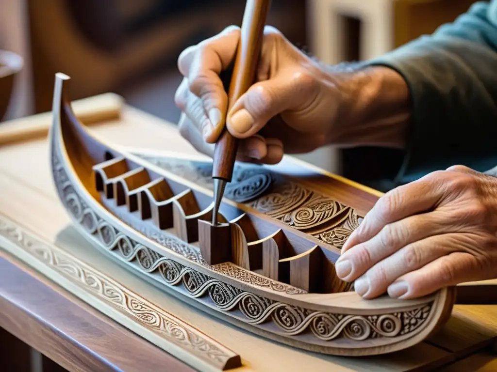 Un hábil artesano talla diseños en un modelo de barco vikingo, reflejando pasión y dedicación en su trabajo artesanal con herramientas tradicionales