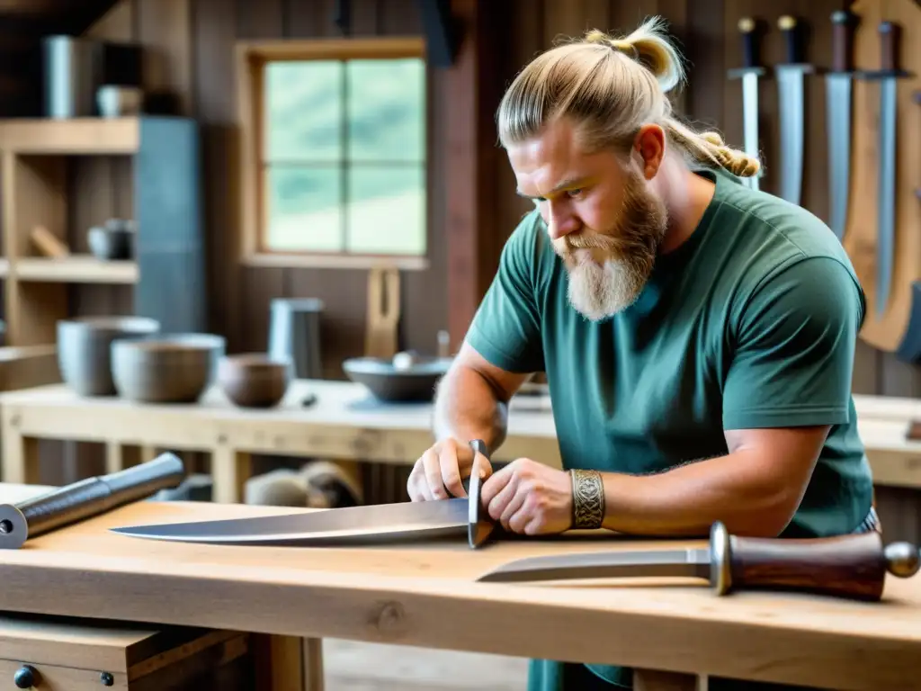 Un hábil artesano labra una espada vikinga con precisión sobre una mesa de trabajo de madera antigua, rodeado de herramientas y artefactos vikingos