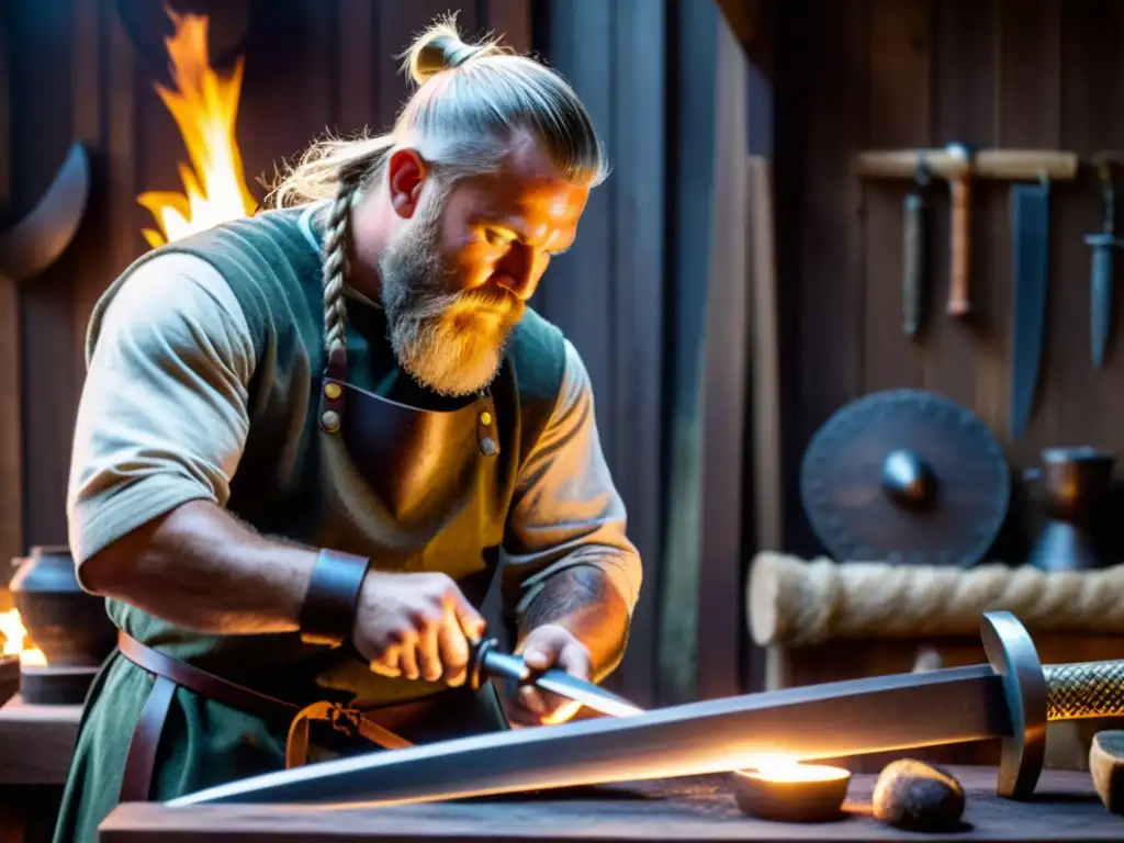 Un hábil artesano forja una espada vikinga rodeado de auténticas réplicas de armas vikingas en un taller iluminado por la luz cálida del fuego