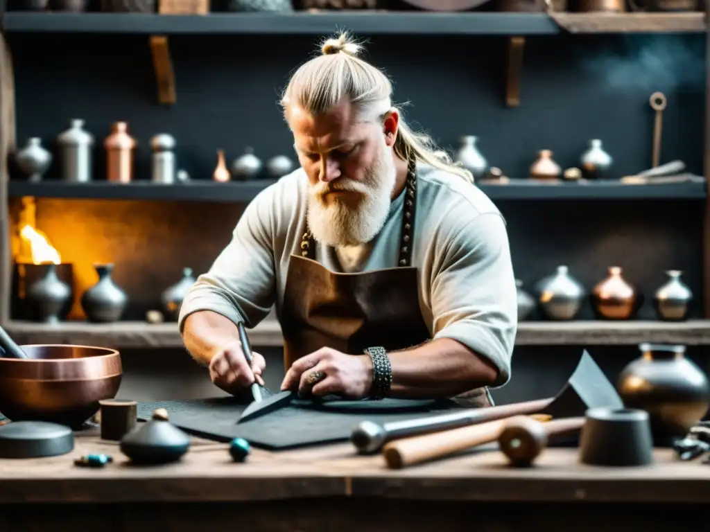 Un hábil artesano elaborando joyería inspirada en la era vikinga, rodeado de herramientas y materiales en su taller rústico