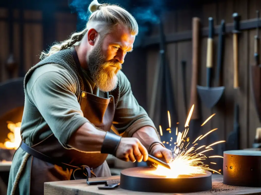 Un hábil artesano forja con precisión una réplica de arma vikinga, con chispas y metal al rojo vivo en un taller tenue