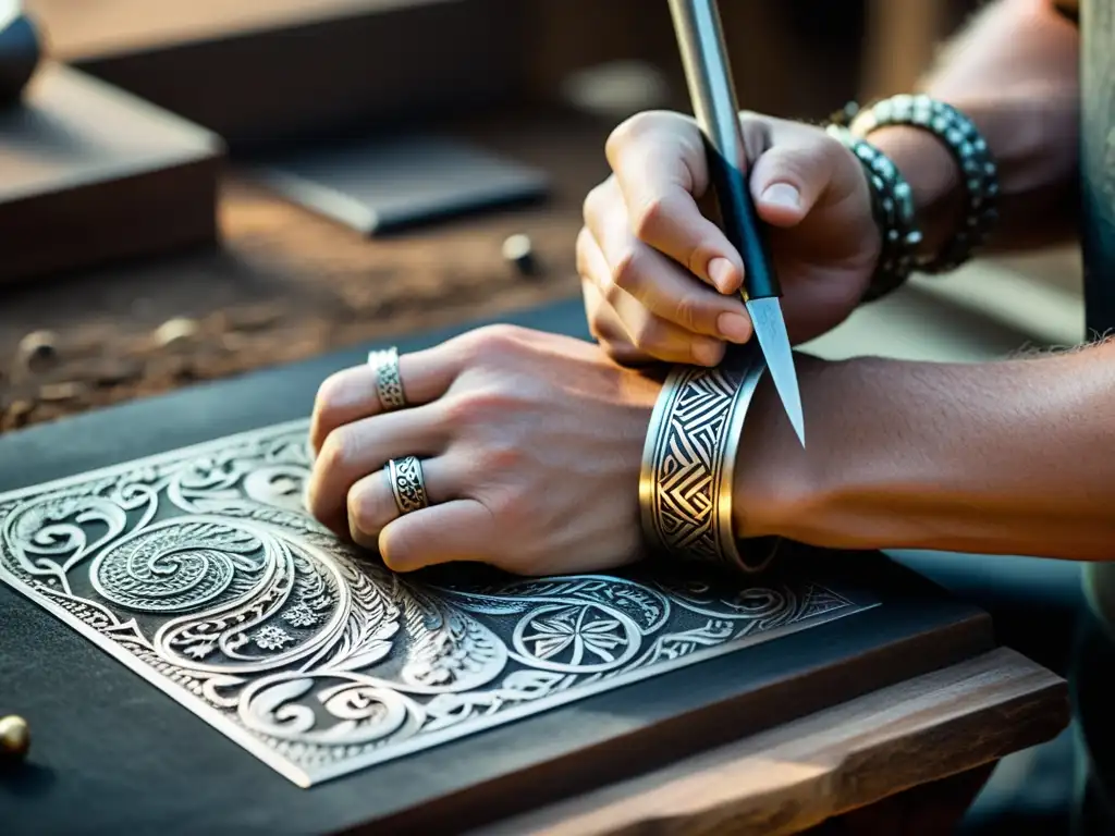 Un hábil artesano elaborando una pulsera de plata inspirada en los vikingos, grabando a mano símbolos antiguos y patrones intrincados