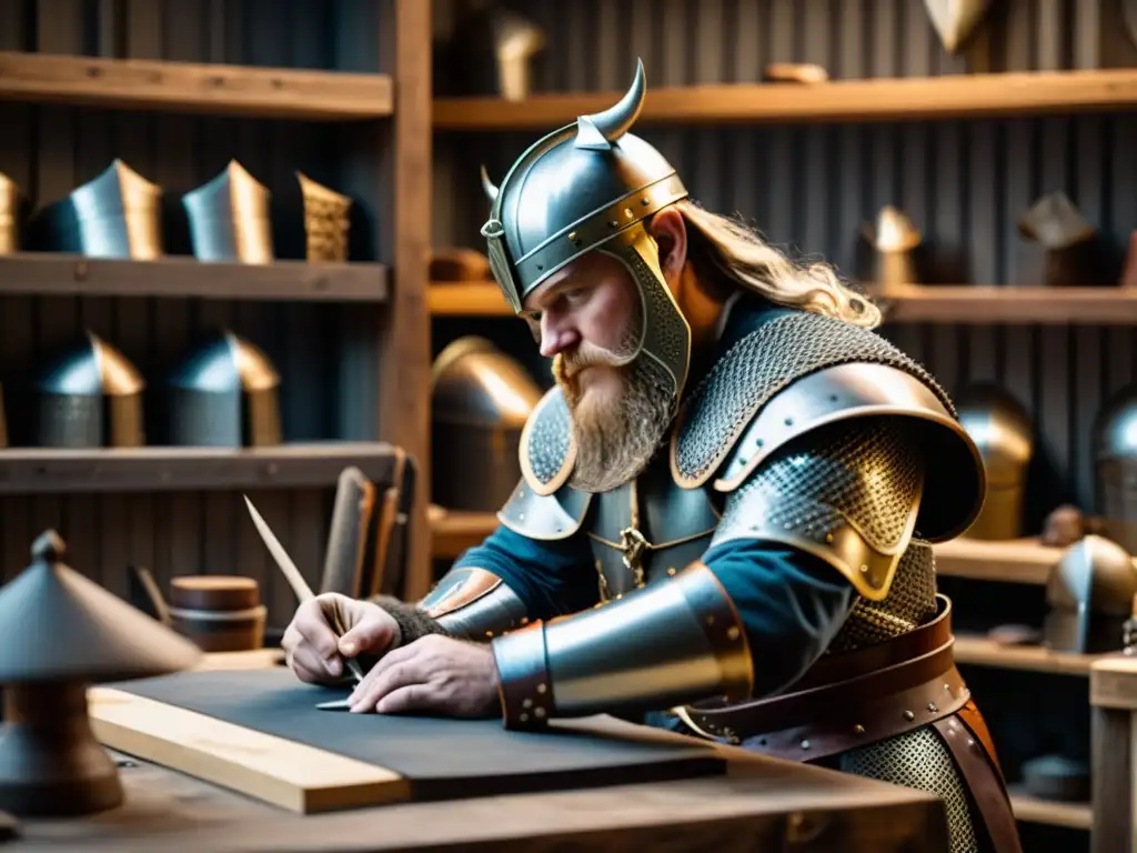 Un hábil artesano modela detalladamente una réplica de armadura vikinga en su taller, con libros y artefactos vikingos en el fondo