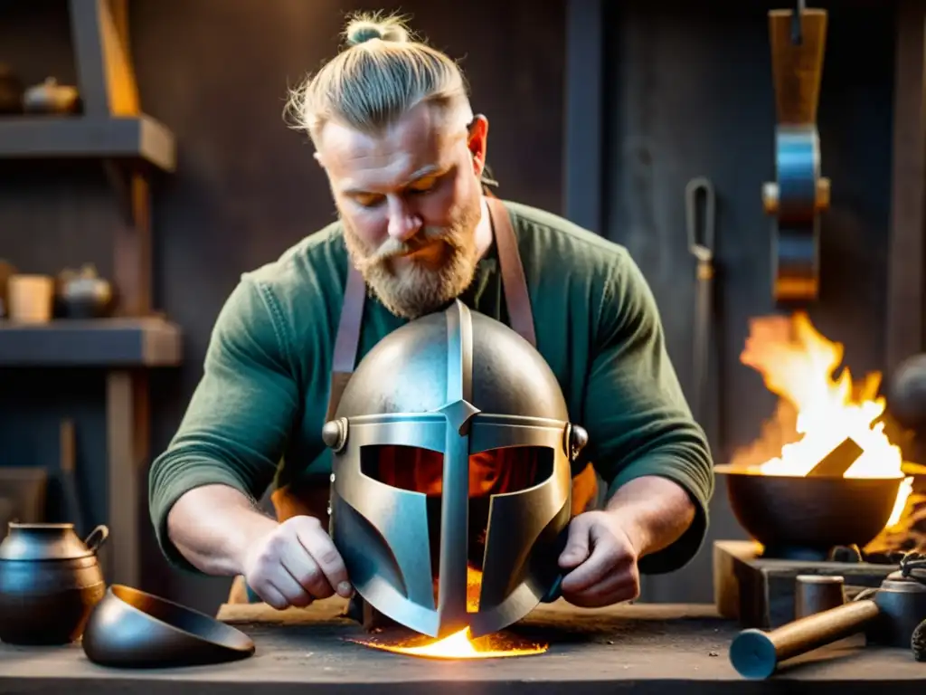 Un hábil artesano elaborando una réplica de casco vikingo de hierro en un taller oscuro, rodeado de herramientas vintage y artefactos históricos