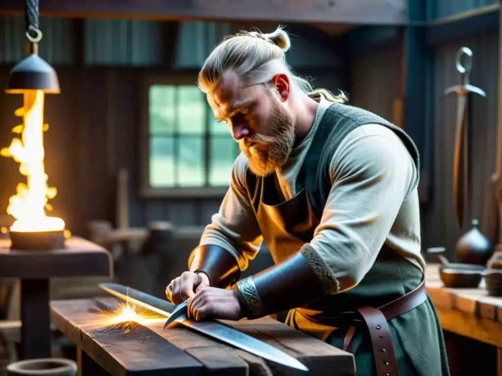 Un hábil artesano forja una réplica de espada vikinga en su taller, iluminado por la luz de la fragua