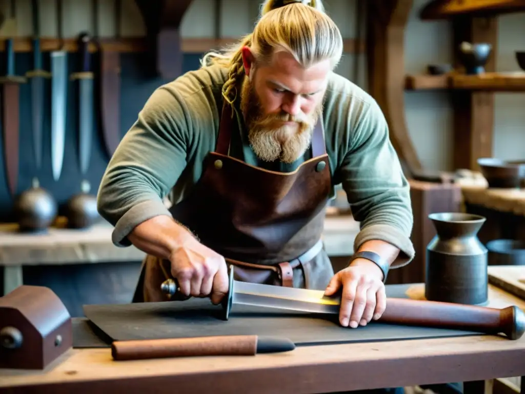 Un hábil artesano elabora una réplica de espada vikinga rodeado de herramientas tradicionales en su taller