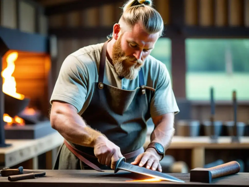 Un hábil artesano forja una réplica de espada vikinga en un taller rústico