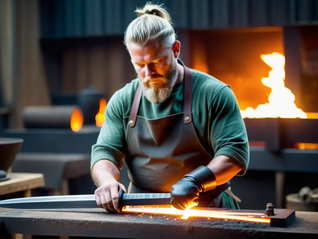 Un hábil artesano forja una réplica de espada vikinga con precisión en un taller iluminado por fuego