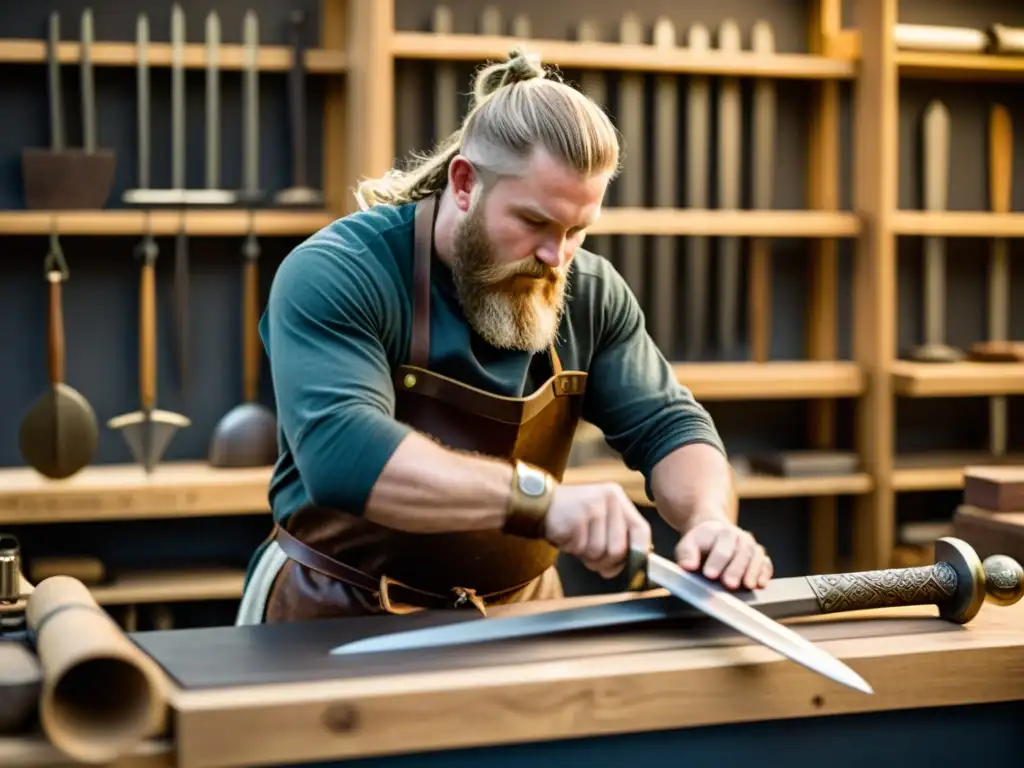 Un hábil artesano crea réplicas de espadas vikingas en su taller sombrío, grabando símbolos nórdicos con detalle