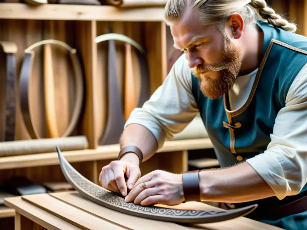 Un hábil artesano talla detalladamente una réplica de arco vikingo, con patrones nórdicos, forma precisa y ataduras de tendones