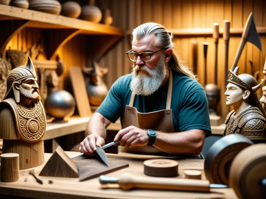 Artesano vikingo esculpe a Odin: detalle y misticismo Un hábil artesano esculpe a Odín en un taller lleno de figuras vikingas, herramientas y madera tallada, sumergiendo en la mitología nórdica