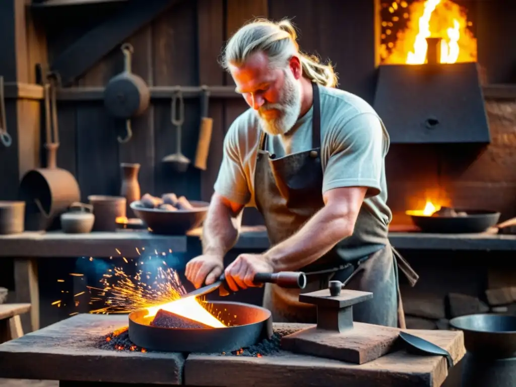 Un hábil artesano forja utensilios de cocina vikinga en su taller rústico, entre brasas incandescentes y chispas volando