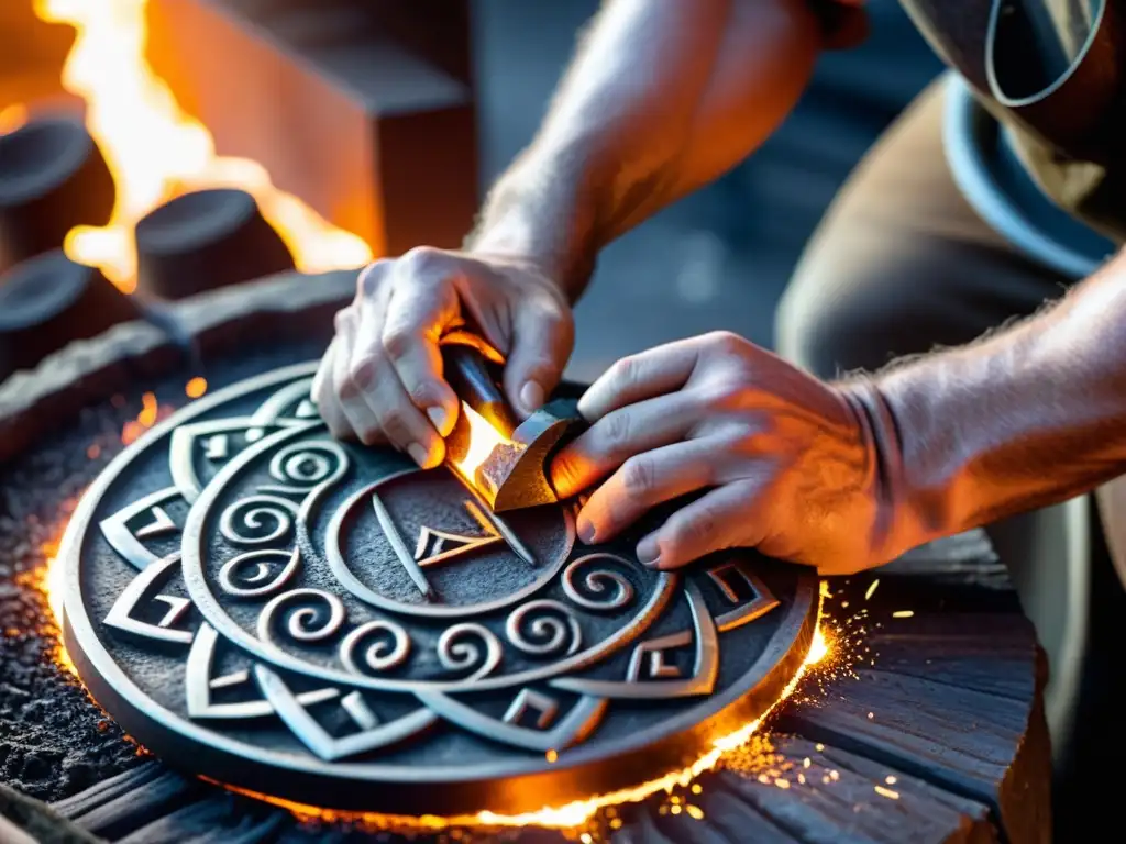 Un hábil artesano vikingo moldea metal fundido en una runa decorativa, con chispas y calor intenso