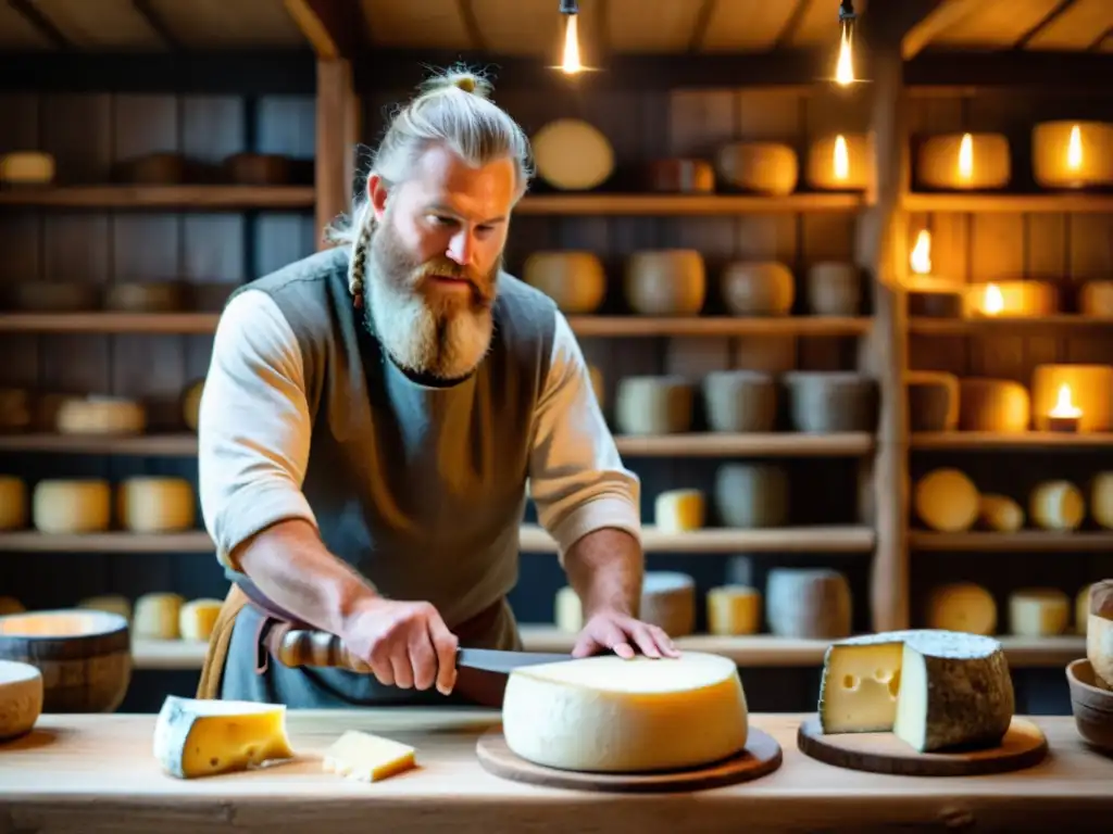 Un hábil artesano vikingo elaborando queso nórdico en un taller rústico iluminado por antorchas