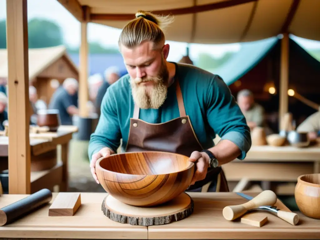 Un hábil artesano vikingo talla diseños en un cuenco de madera en un mercado nórdico, rodeado de herramientas de trabajo