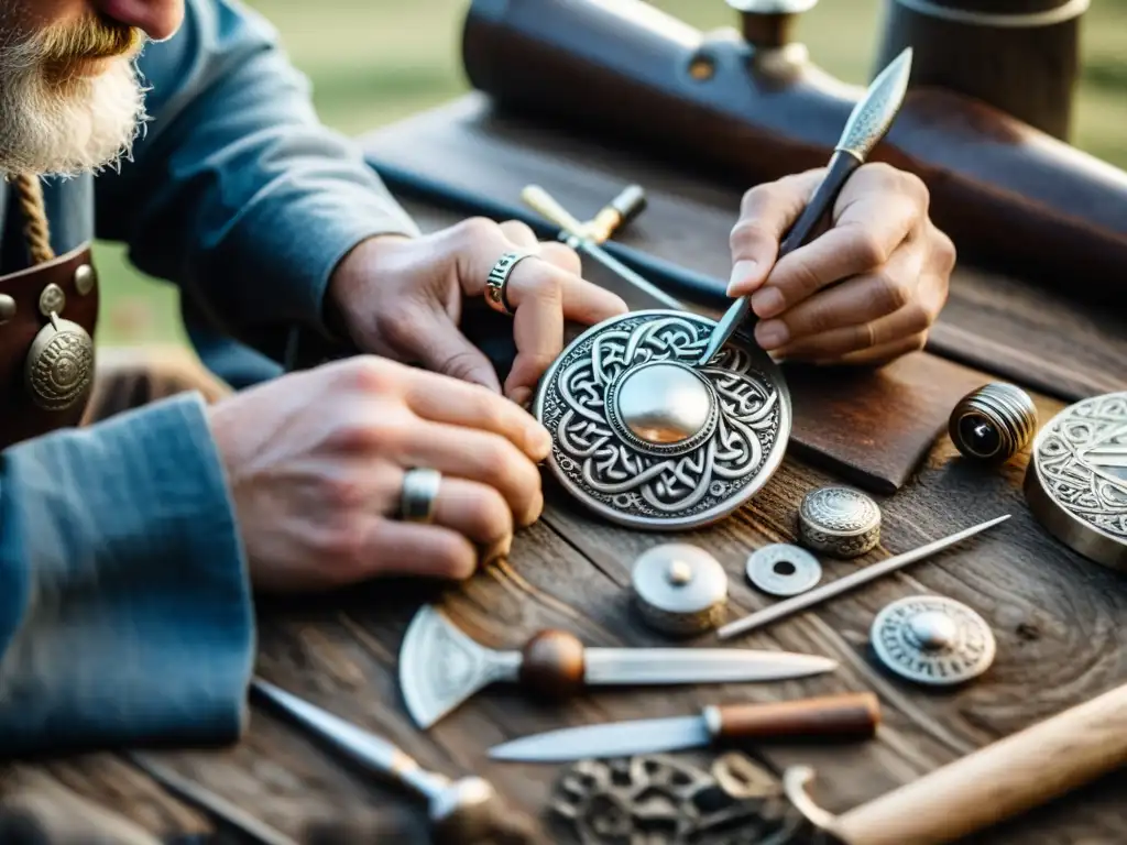 Un hábil artesano vikingo crea una única joya de plata en un mercado del norte, destacando su destreza y dedicación