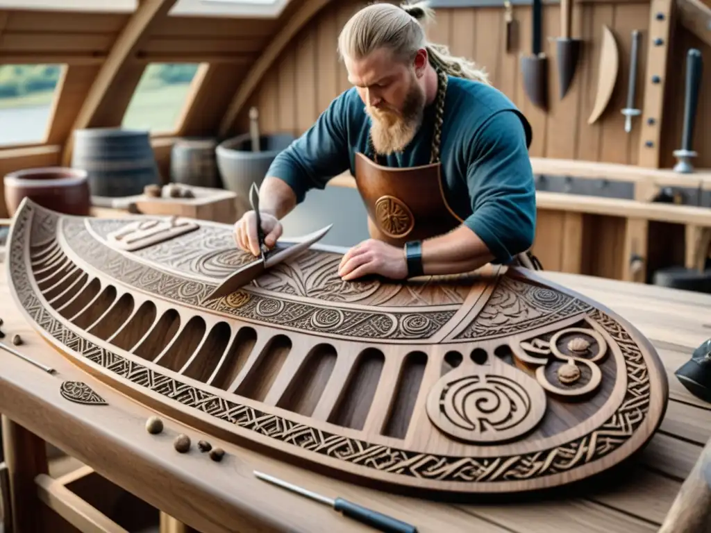 Un hábil constructor de barcos vikingo talla diseños en un drakkar rodeado de herramientas y materiales en un animado astillero vikingo, mostrando la vida en los astilleros vikingos