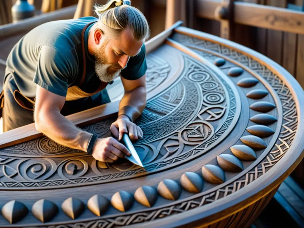 Tallado de símbolos vikingos: arte y precisión en la construcción de barcos Un hábil constructor de barcos vikingos talla intrincados diseños matemáticos en la madera, resaltando precisión y tradición