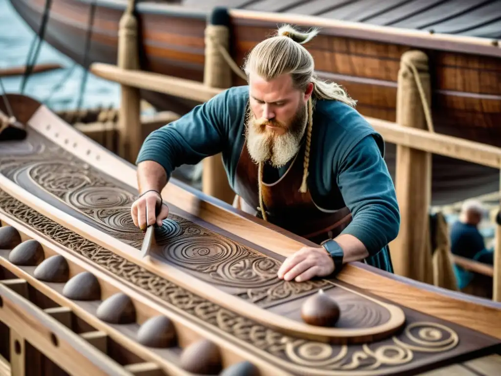 Artesanía Vikinga: Escultor de Naves Tallando Intrincados Diseños Un hábil constructor vikingo talla diseños detallados en un barco, destacando las estrategias de resolución de problemas vikingas