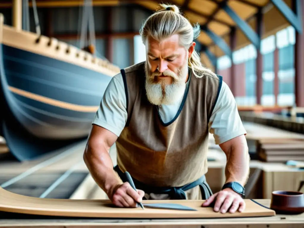 Un hábil constructor vikingo fusiona técnicas ancestrales y modernas en una nave, observado por contemporáneos en un astillero