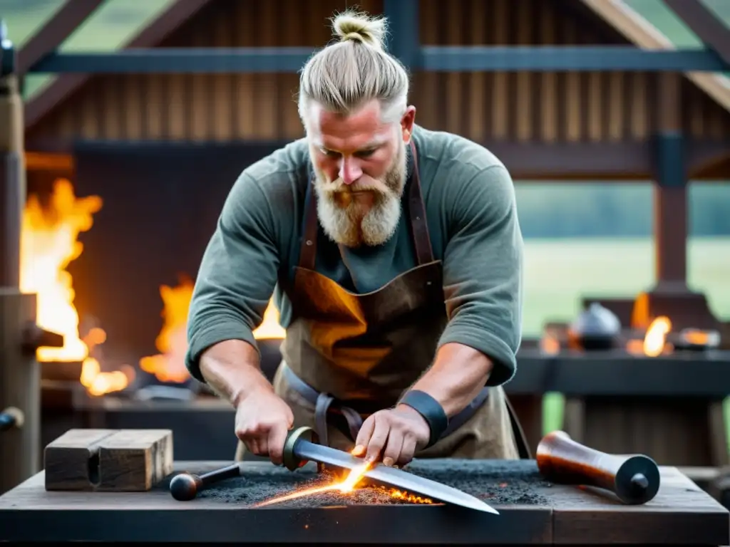 Un hábil herrero contemporáneo forja una espada vikinga entre auténticos artefactos nórdicos, en un paisaje rugoso