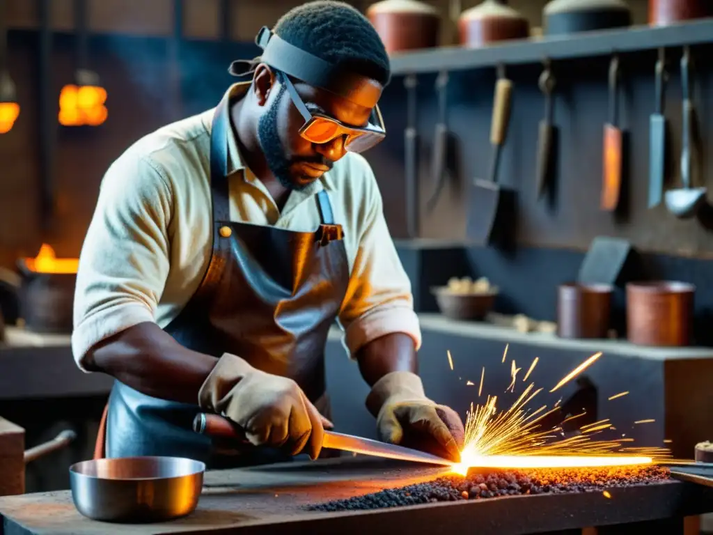 Un hábil herrero forja una daga Seax en su taller iluminado por la fragua, mostrando el origen y uso de la daga Seax