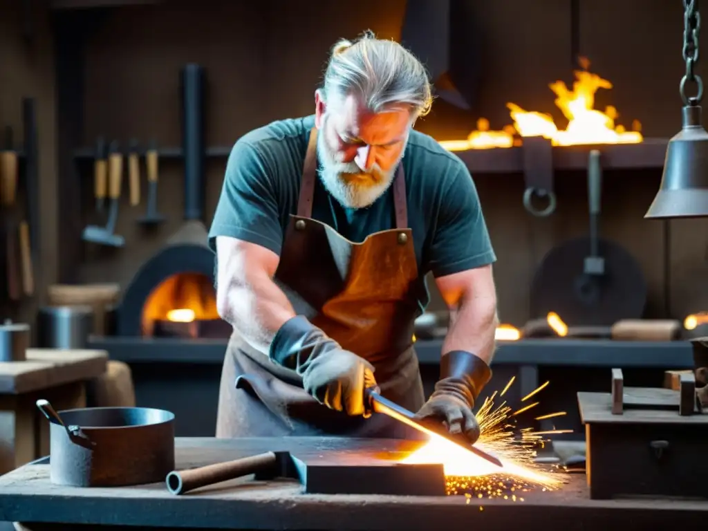 Un hábil herrero forja decoraciones de metal vikingas en su taller iluminado por chispas