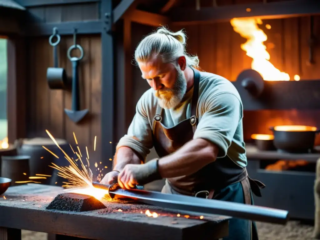 Un hábil herrero forja con dedicación una espada vikinga en su taller rústico iluminado por brasas, creando réplicas armas vikingas de calidad