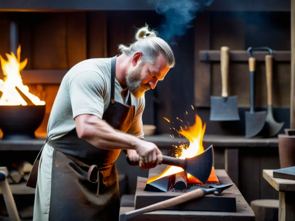 Un hábil herrero forja con destreza réplicas hachas vikingas de acero en su taller tradicional, entre llamas y herramientas antiguas