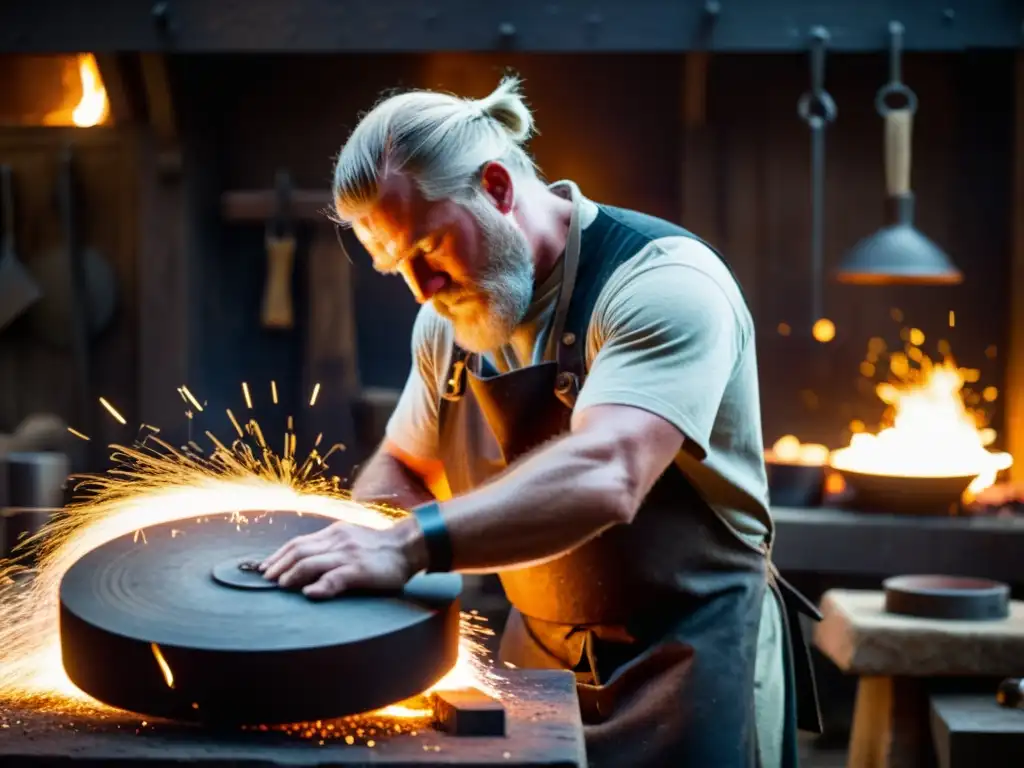 Un hábil herrero forja un escudo vikingo en su taller, rodeado de chispas, reflejando los valores ancestrales de la cultura vikinga