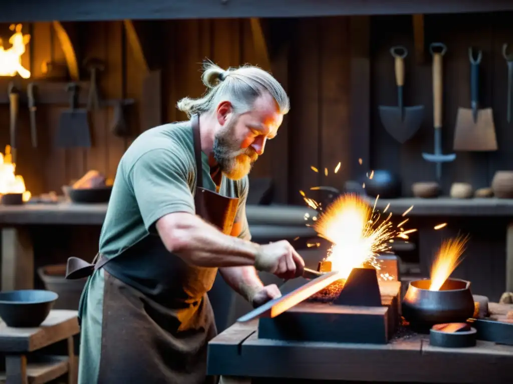 Un hábil herrero forja una espada vikinga auténtica en un taller tradicional, iluminado por antorchas