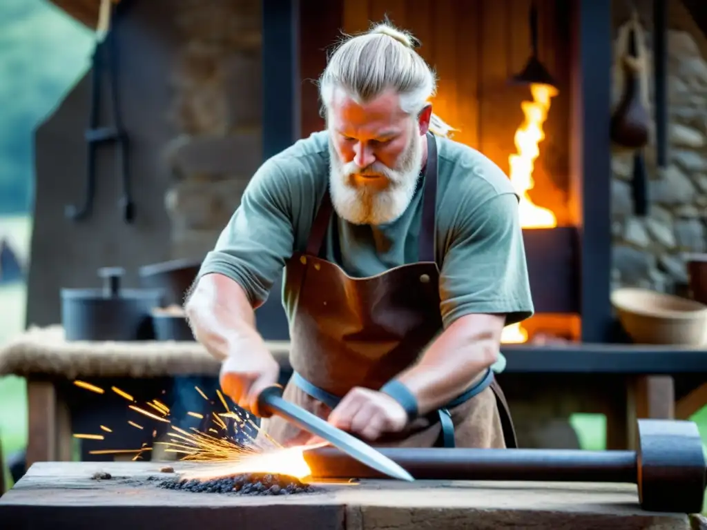 Un hábil herrero forja una espada vikinga en su fragua, con chispas volando, en un taller medieval lleno de armas