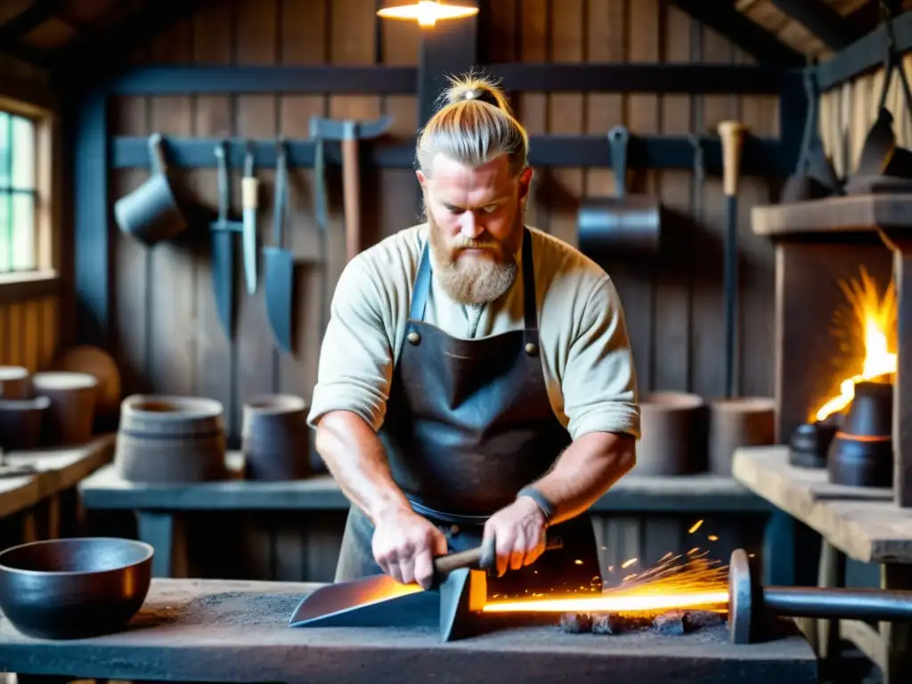 Un hábil herrero forja una espada vikinga rodeado de réplicas de armas vikingas auténticas en su taller