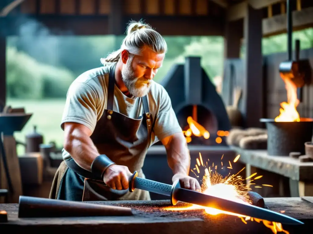 Un hábil herrero forja una espada vikinga rodeado de materiales y herramientas tradicionales