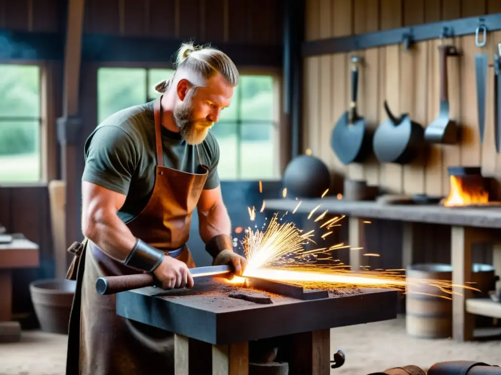 Un hábil herrero forja una espada vikinga rodeado de herramientas y materiales, enfocado en dar forma al metal incandescente