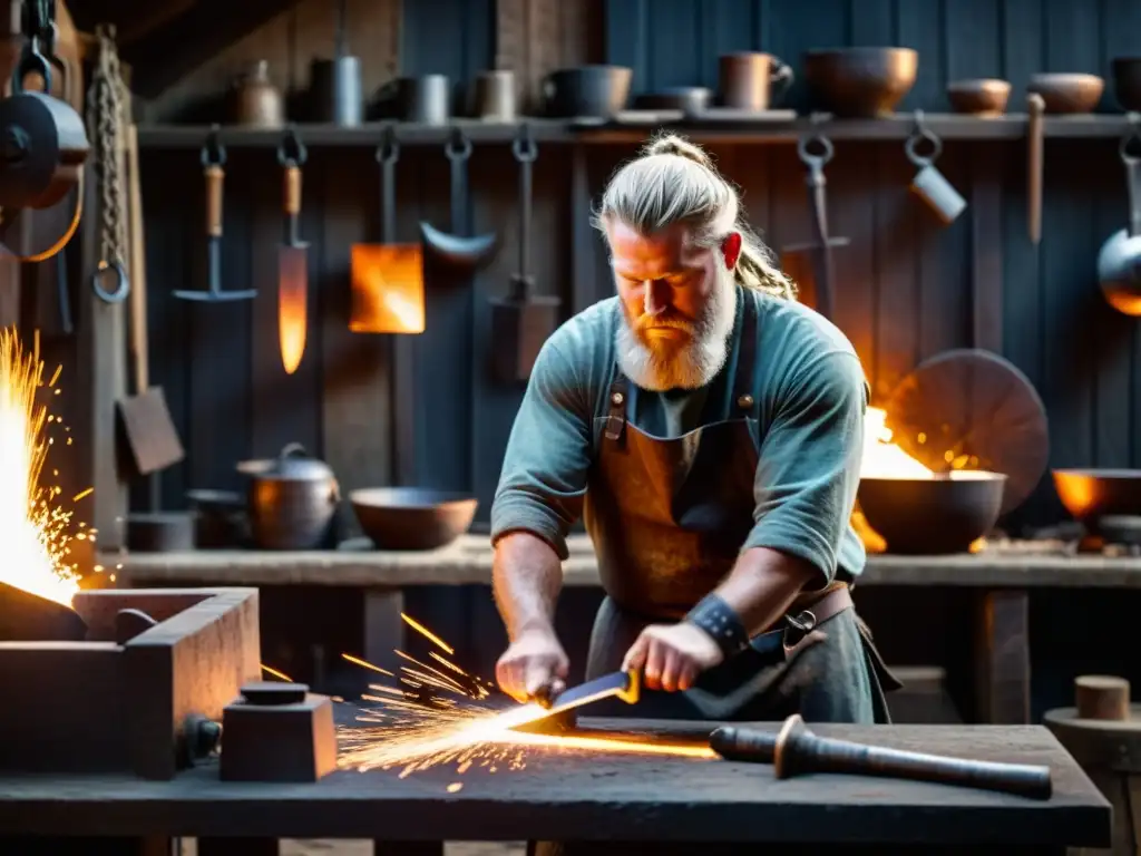 Un hábil herrero forja una espada vikinga rodeado de herramientas y armas tradicionales en un taller sombrío