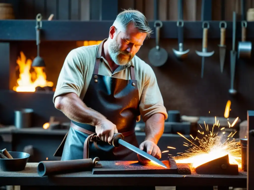 Un hábil herrero forja una espada vikinga en su taller iluminado por brasas calientes