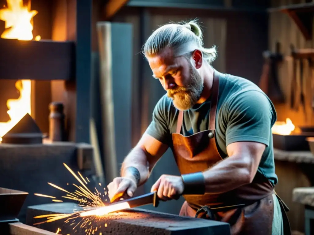 Un hábil herrero forja una réplica de arma vikinga con maestría en su taller rústico y sombrío