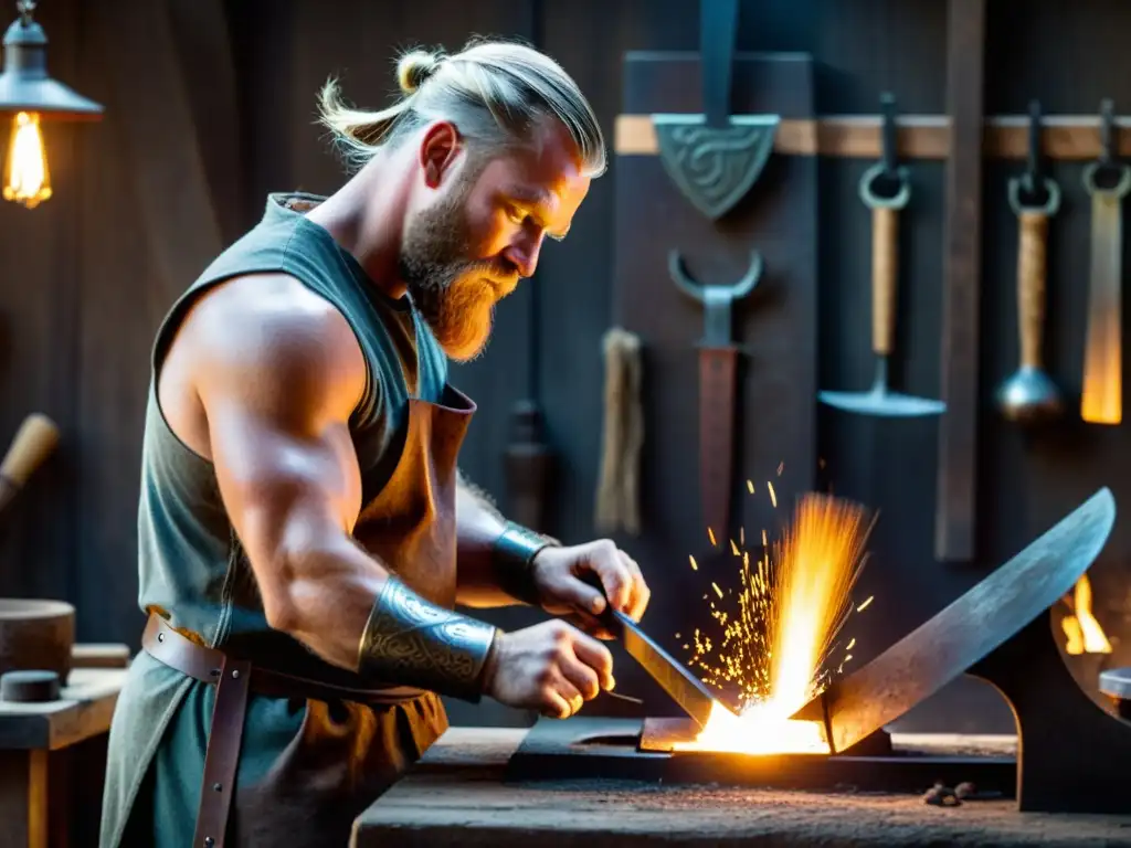 Un hábil herrero forja una réplica de armadura vikinga rodeado de símbolos nórdicos en su taller