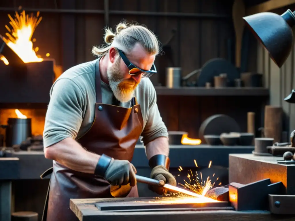 Un hábil herrero forja una réplica de armadura vikinga en su taller iluminado