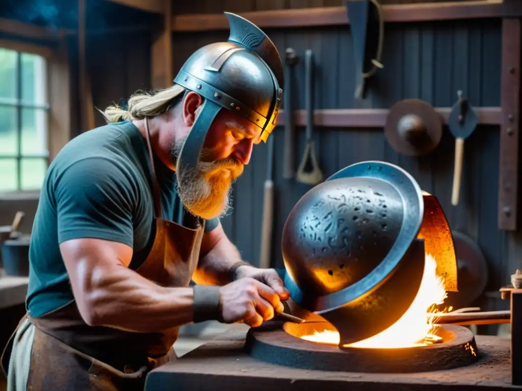 Un hábil herrero forja una réplica de casco vikingo en su taller iluminado por la luz de la fragua, capturando la esencia de la mitología nórdica